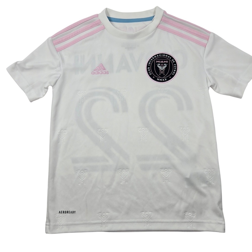 Adidas Inter Miami CF Youth Soccer Jersey White Pink Aeroready MLS Kids